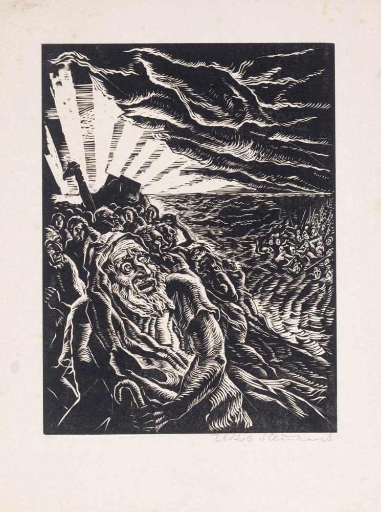 Woodcut in black and white of Moses and the passage through the Red Sea
