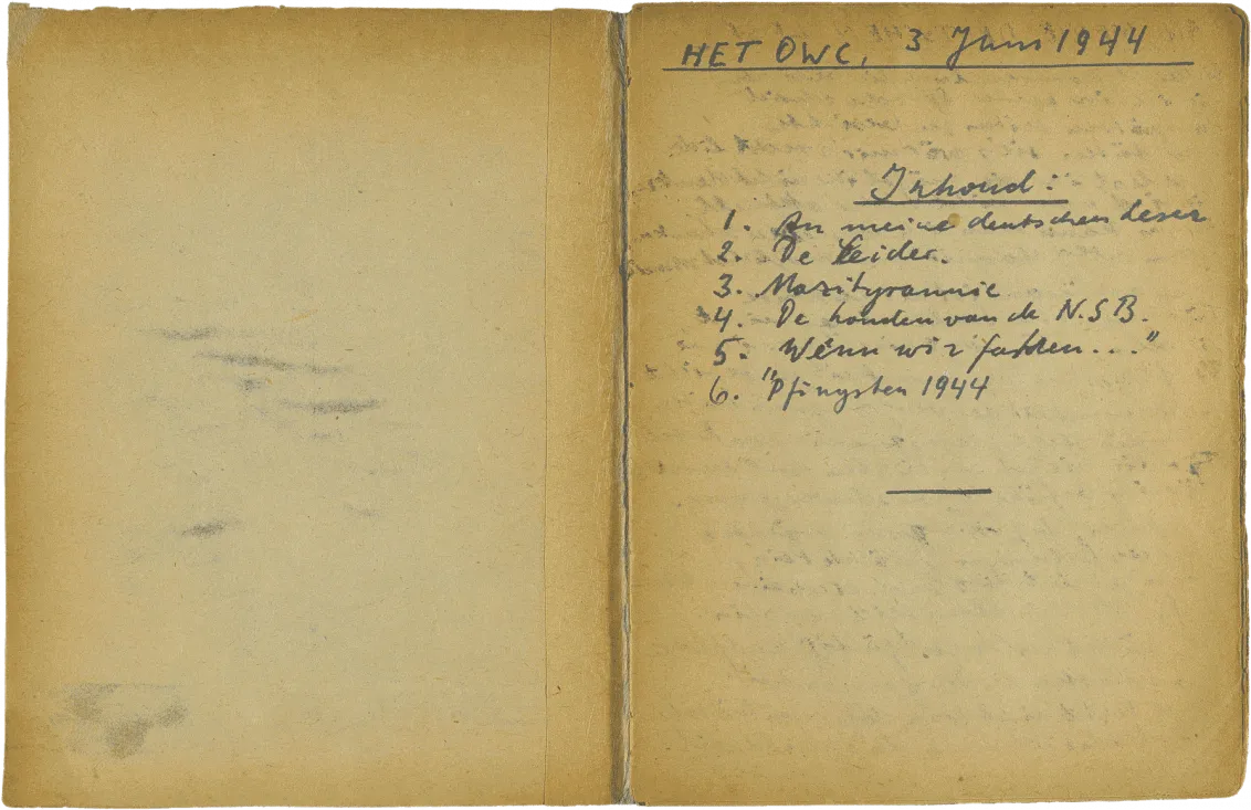 Handschriftliches Inhaltsverzeichnis in Schreibschrift.