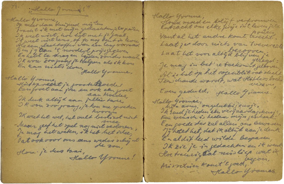 Handschriftlich verfasste Doppelseite mit Überschrift „Hallo Yvonne“.