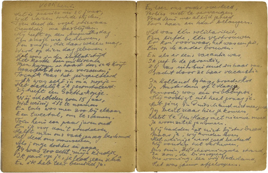 Handschriftlich verfasste Doppelseite mit Überschrift „VOOR Leni“.