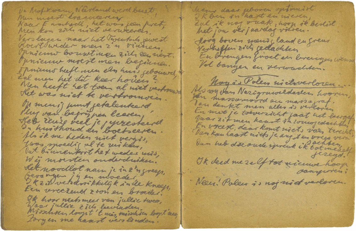 Handschriftlich verfasste Doppelseite mit Überschrift „Nog is Polen niet verloren“.