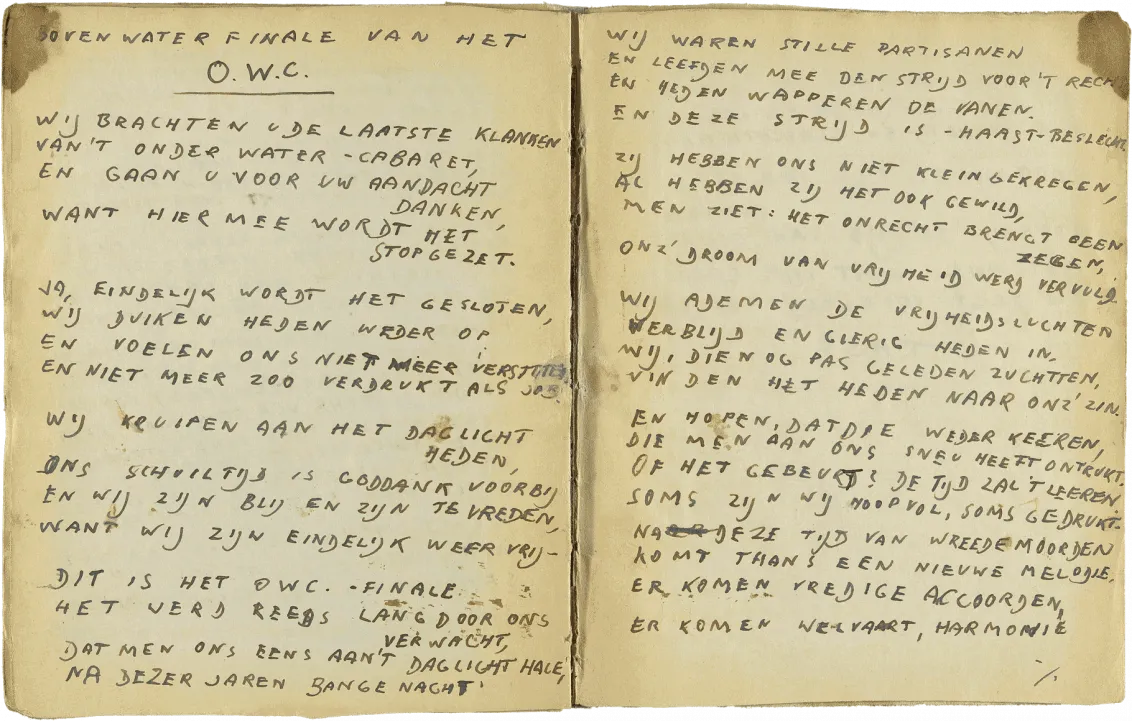 Handschriftlich verfasste Doppelseite in Druckbuchstaben mit der Überschrift „Boven Water Finale Van Het OWC“.