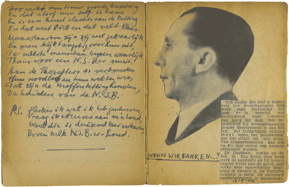 Handschriftlich verfasste Doppelseite mit eingeklebtem, aus einer Zeitung ausgeschnittenen Porträt von Joseph Goebbels und der Überschrift „Wir fahren“.