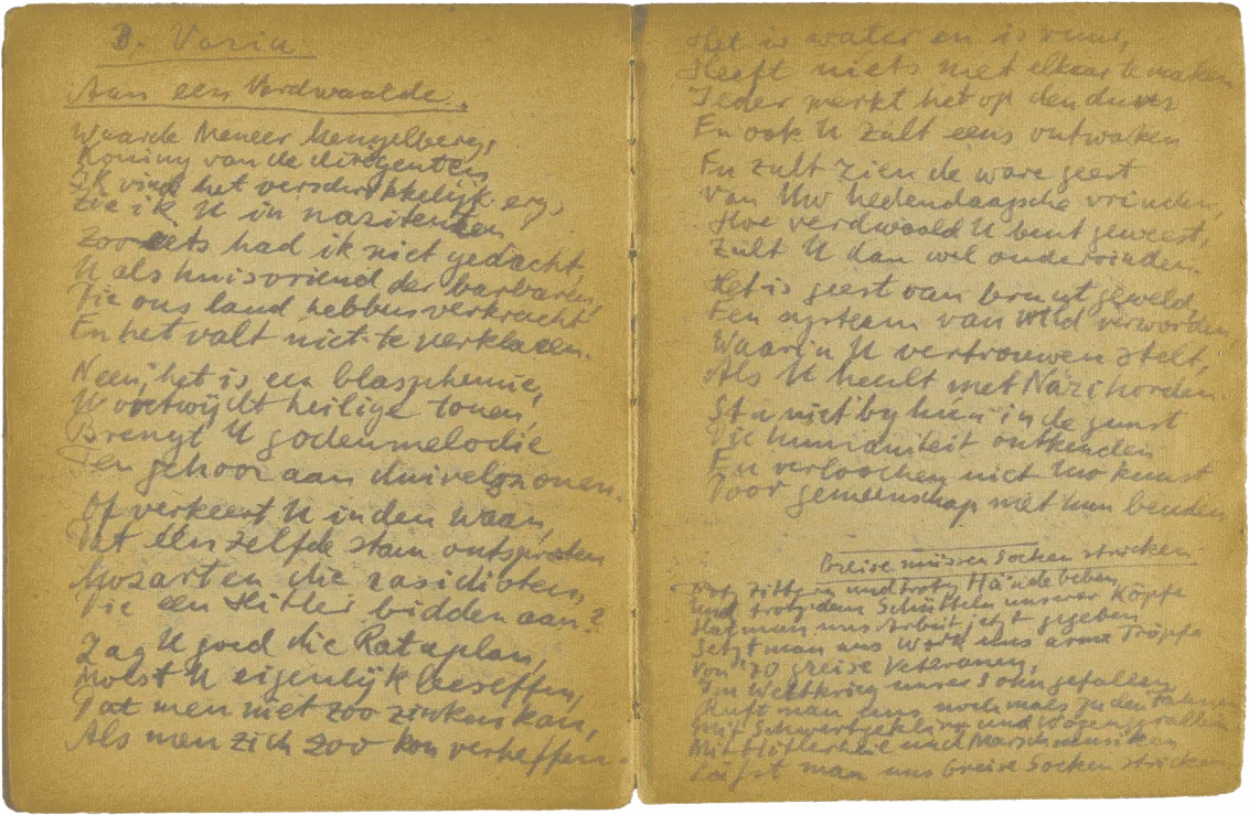 Handschriftlich verfasste Doppelseite mit Überschrift „Aan een verdwaalde“.