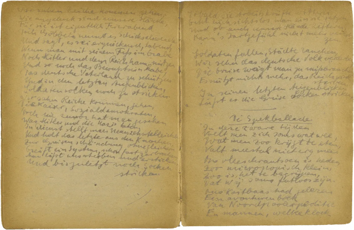 Handschriftlich verfasste Doppelseite mit Überschrift „De Spekballade“.