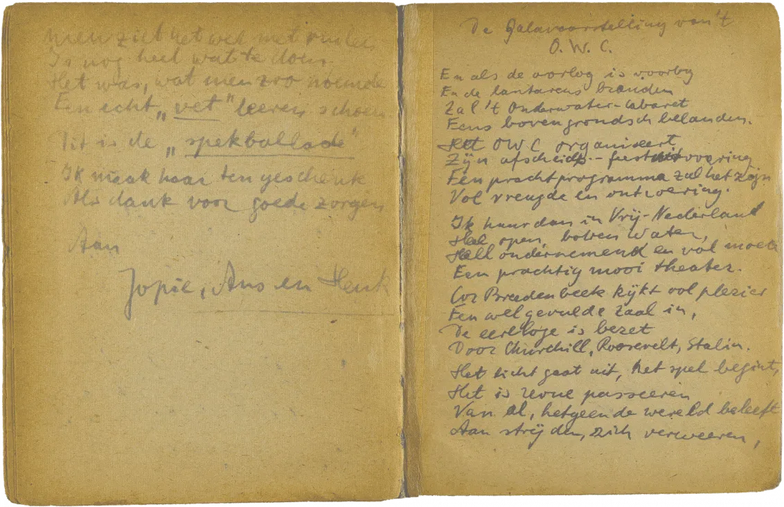 Handschriftlich verfasste Doppelseite mit Überschrift „De Galavoorstelling van’t OWC“.