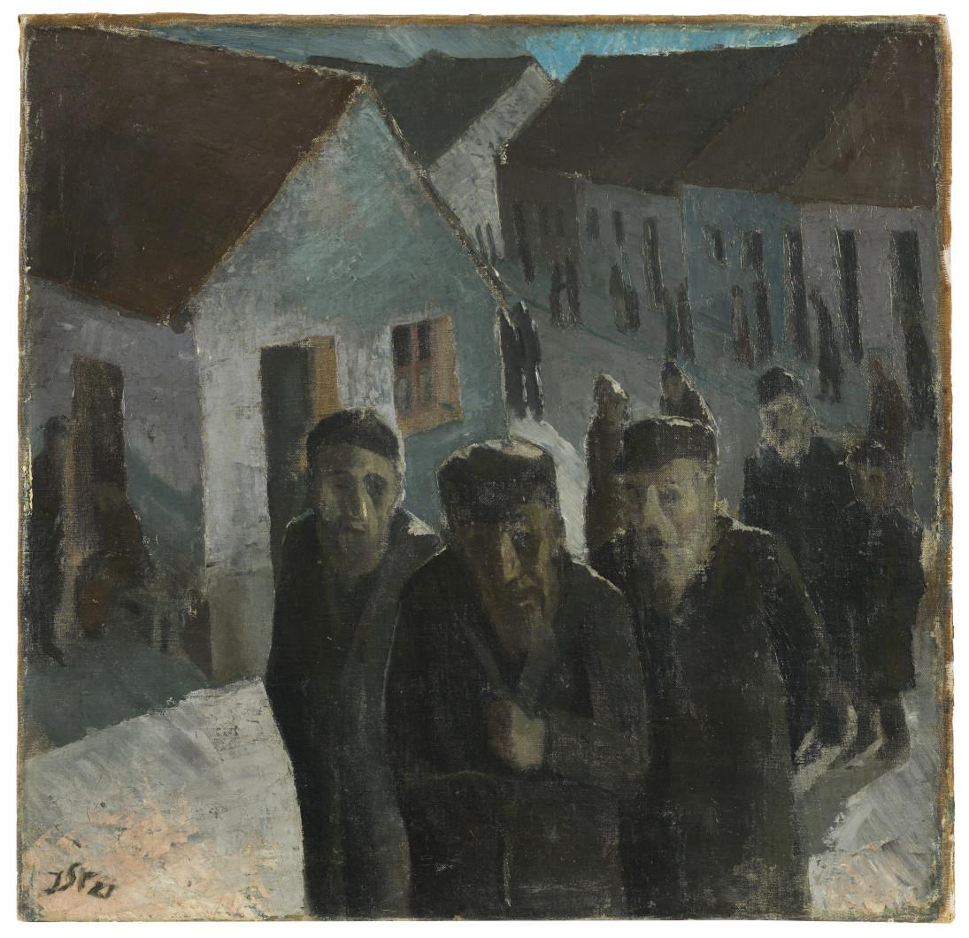 The painting shows a queue of elderly people in a village-like setting