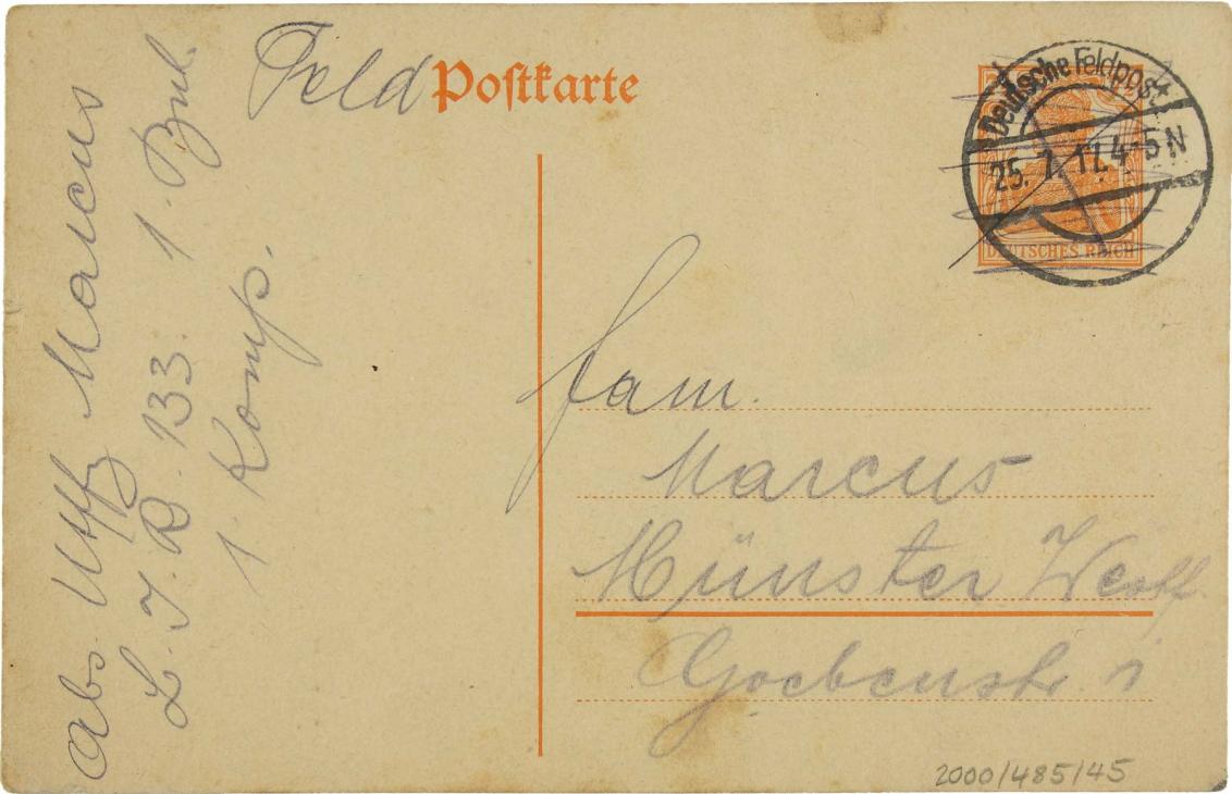 Field service postcard; pre-printed, handwritten note, postage stamp