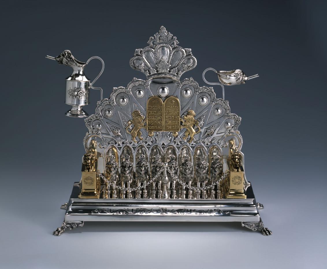 A magnificent Hanukkah lamp made of silver and gold.