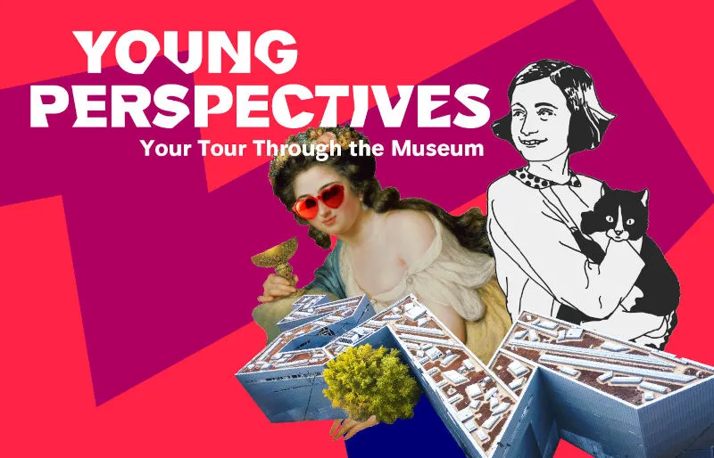 The key visual for Young Perspectives: Henriette Herz wearing heart-shaped sunglasses on the left, Anne Frank with a cat on the right, Libeskind architecture in the foreground, and a pink background with a berry-colored zigzag pattern inspired by Liebeskind architecture. At the top, white lettering reads “Young Perspectives. Your Tour Trough the Museum.”