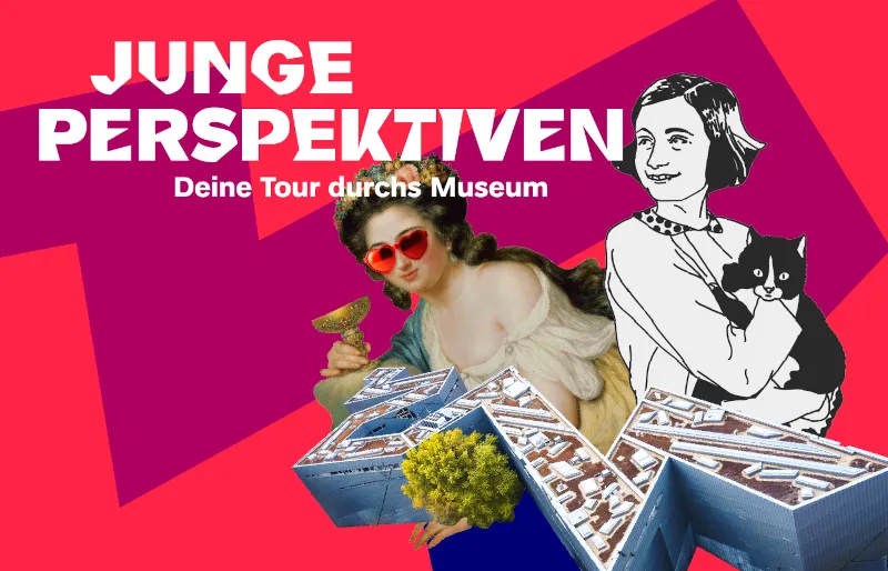 Das Keyvisual zu Junge Perspektiven: Links Henriette Herz mit Herzsonnenbrille, rechts Anne Frank mit Katze, im Vordergrund ist die Libeskind-Architektur abgebildet, der Hintergrund ist Pink mit einem berryfarbenen Zickzack-Muster, der an die Liebeskind-Architektur angelehnt ist. Ganz oben steht in weißer Schrift "Junge Perspektiven. Deine Tour durchs Museum".