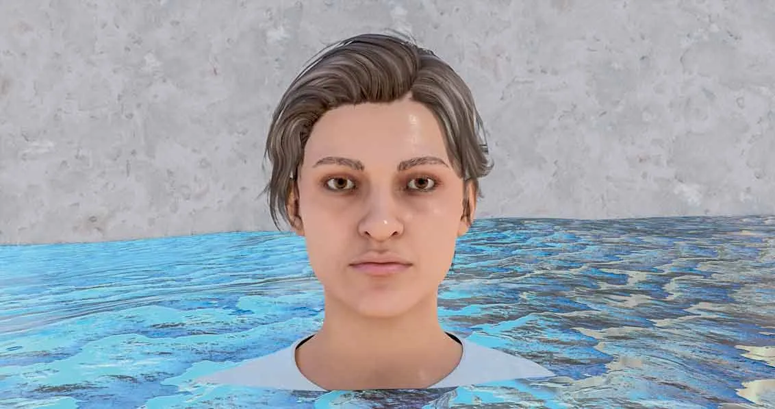 Filmstill mit einem Menschenkopf, die Person ist bis zum Hals im Wasser, das Bild wirkt nicht realistisch, sondern sehr glatt, KI-generiert.