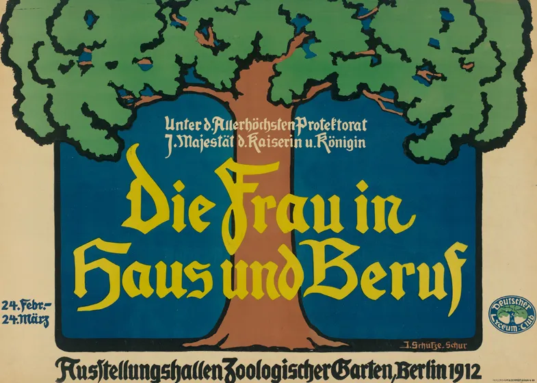  The picture shows a poster with a beige and blue background, with a tree and the words in yellow: “Women at home and at work”.