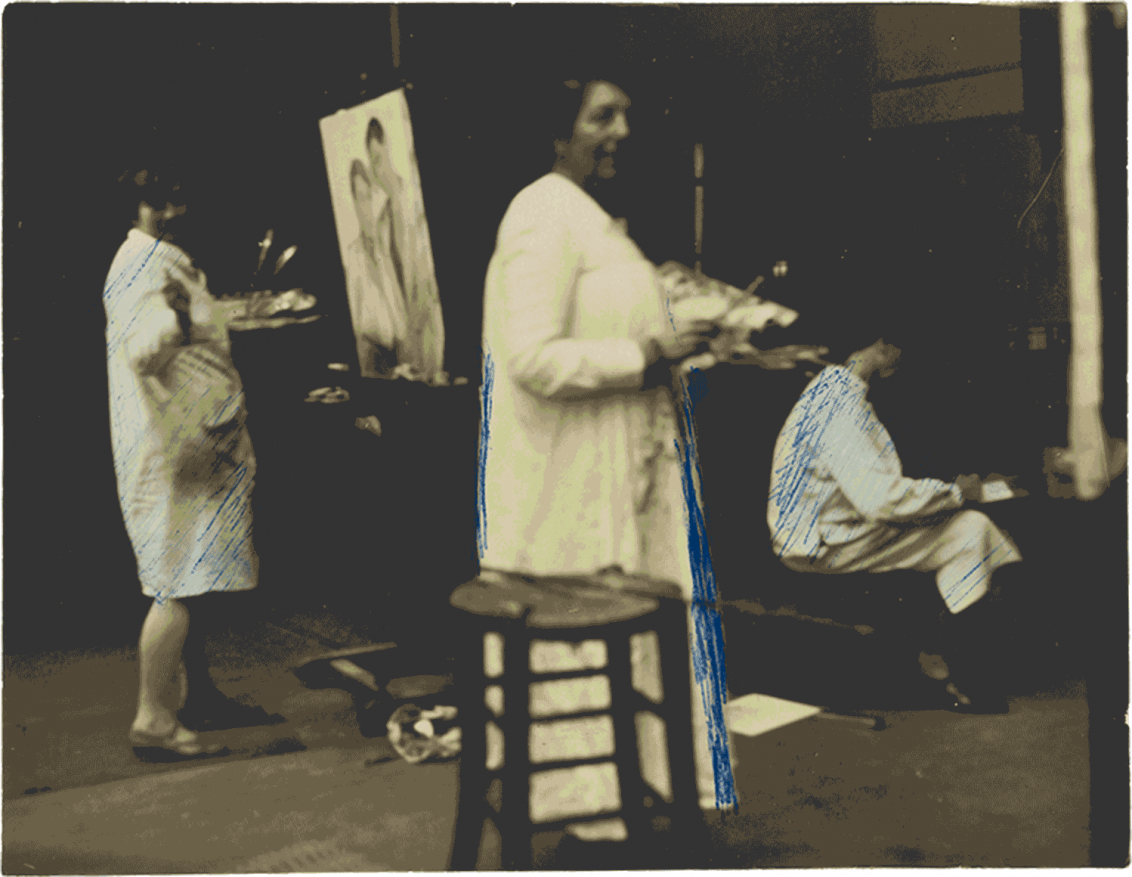 Historical black and white photograph of three painting women in white coats.