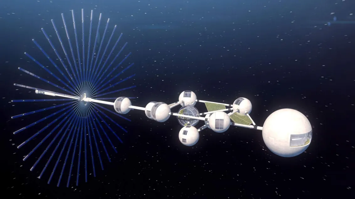 A spacecraft in space consisting of several connected spheres.