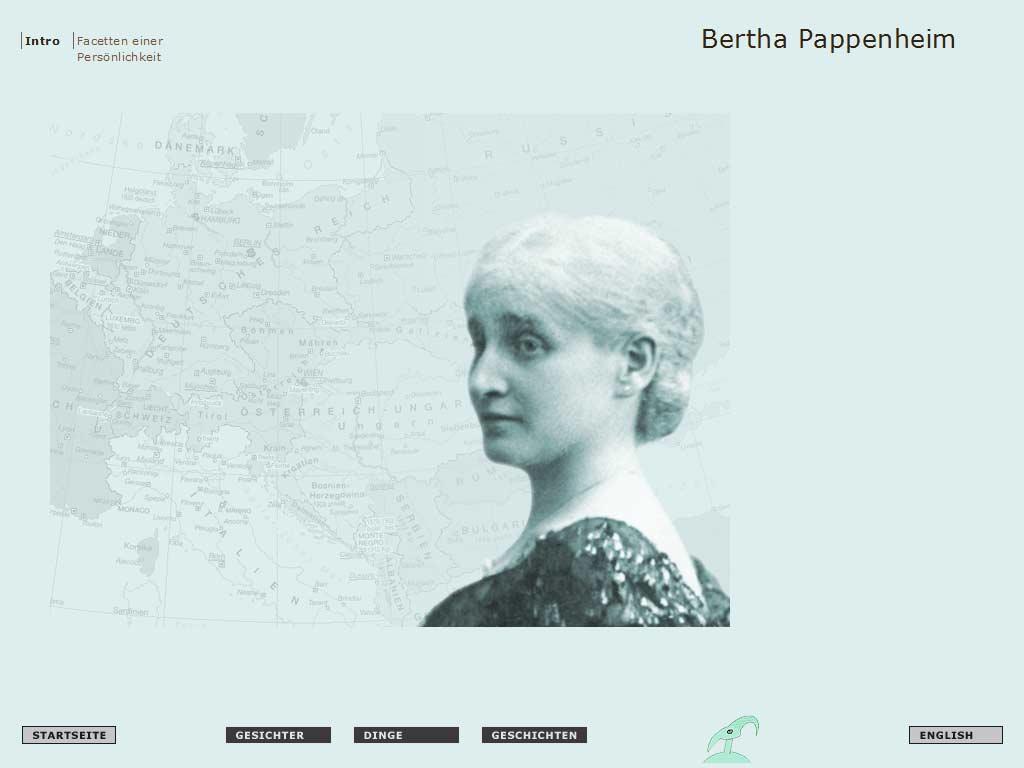 Screenshot aus einer Multimedia-Story über Bertha Pappenheim, auf der Seite ist ein Schwarz-Weiß-Porträt einer Frau zu sehen.