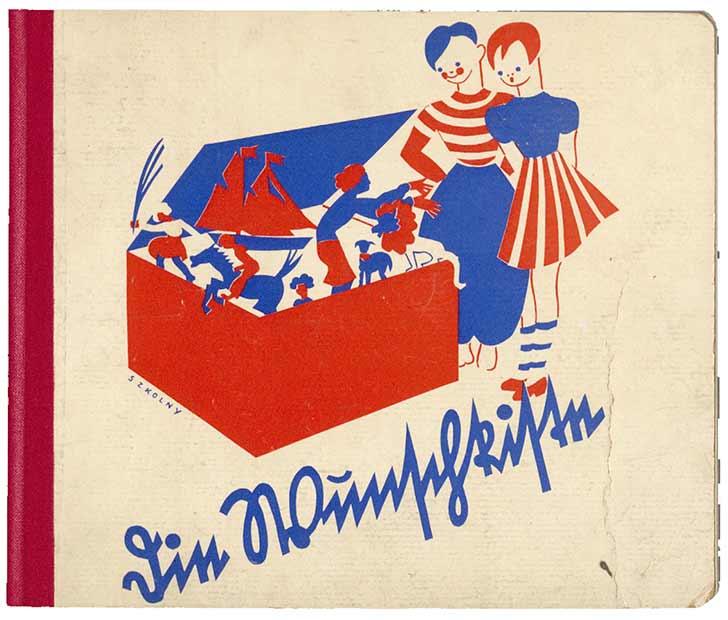 Book cover of the title The Wish Box with blue-red drawing of two children looking curiously into an open box