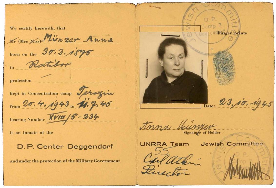 Ausweis des Displaced Person-Camps Deggendorf, Klappkarte, Passfoto, Vordruck, handschriftlich ausgefüllt mit Fingerabdruck und Stempel