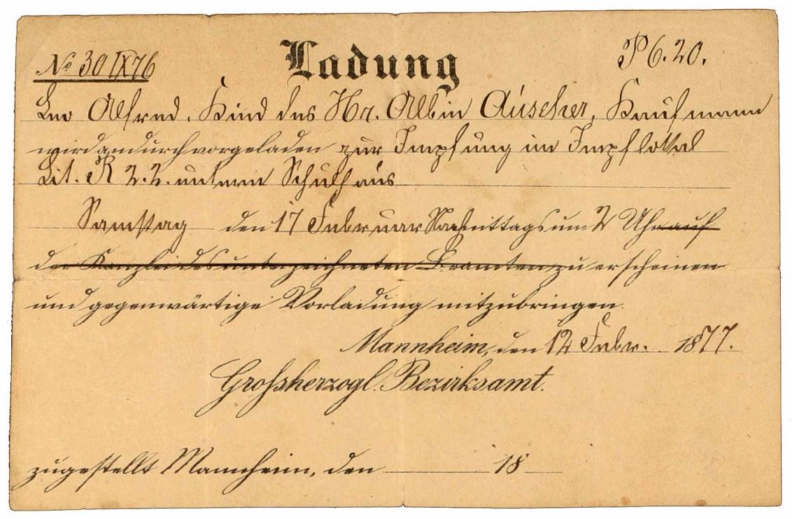 Summons: Grand-Ducal District Authority (Großherzogliches Bezirksamt), regarding vaccination of the child Alfred Auscher, printed form, filled out by hand, Mannheim, 12 Feb 1877