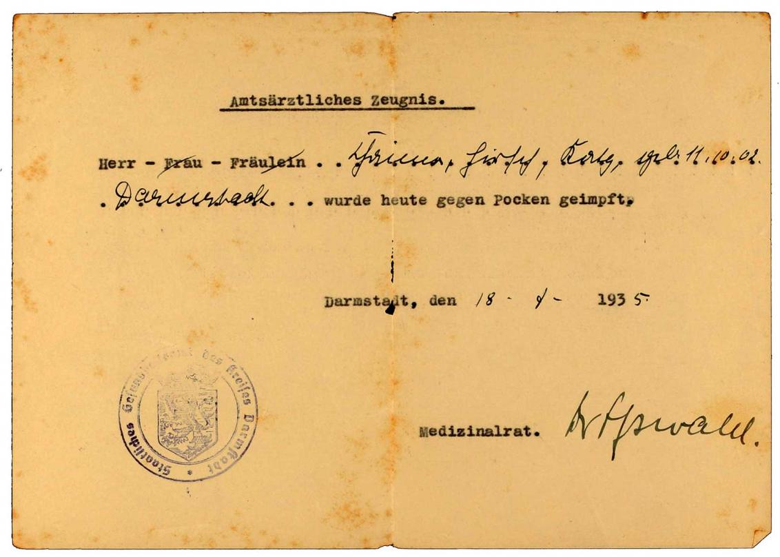 Impfbescheinigung für Heinrich Katz: betrifft Pocken, Vordruck, handschriftlich ausgefüllt, Darmstadt, 18.7.1935