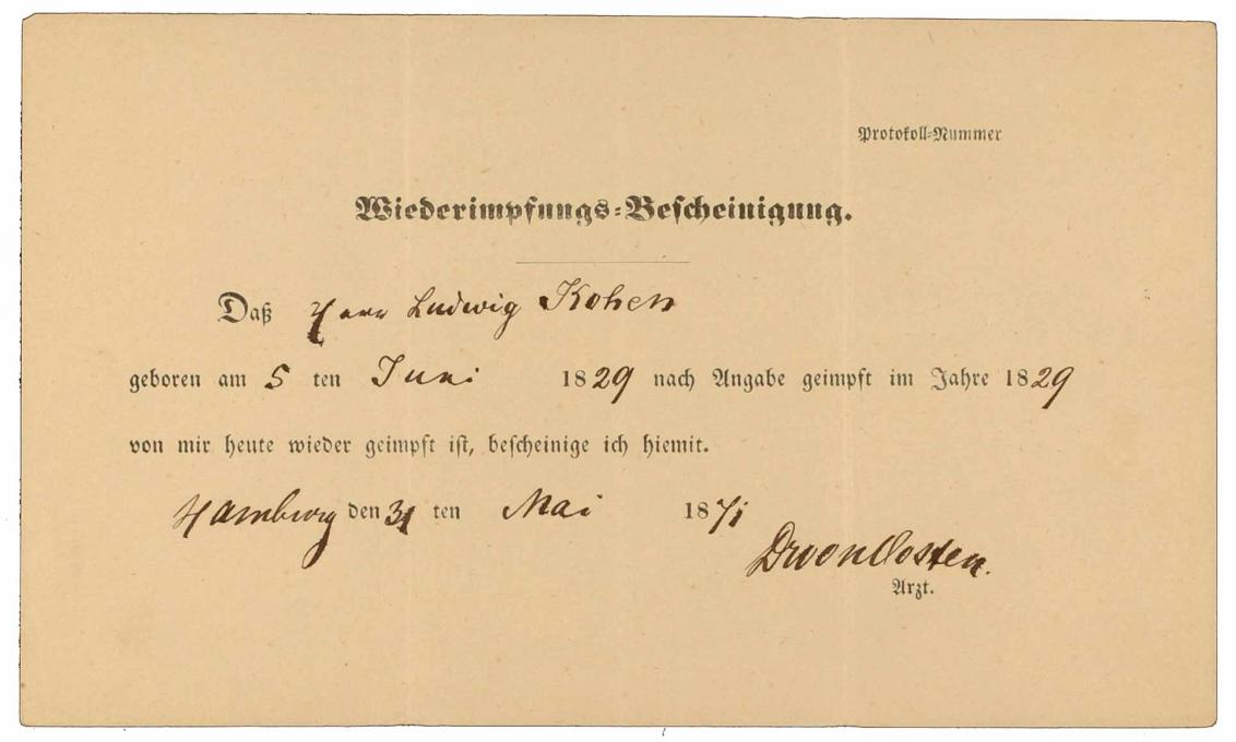 Vaccine certificate for Ludwig Kohen: front side, filled out by hand, Hamburg, 31 May 1871