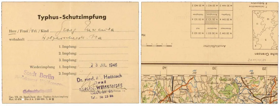 Printed form for a typhus vaccination, filled out by hand and signed by Dr. Hettasch in Berlin’s Weissensee neighborhood; the back shows the edge of a map with the distance scale