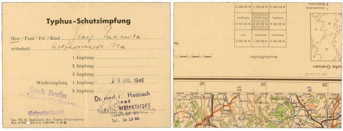 Handschriftlich ausgefüllter Vordruck einer Typhus-Schutzimpfung, Unterschrift von Dr. med. Hettasch in Berlin-Weißensee, die Rückseite zeigt den Rand einer Landkarte mit Maßstabsangaben