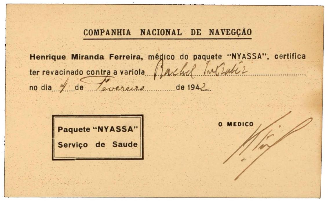 Portuguese printed vaccine certificate, filled out by hand and signed by the ship’s doctor Henrique Miranda Ferreira