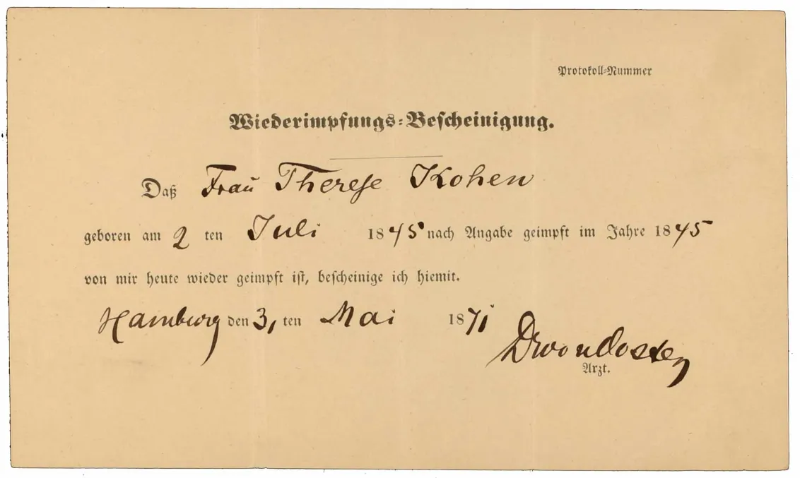 Vaccine certificate for Therese Kohen: front side, filled out by hand, Hamburg, 31 May 1871