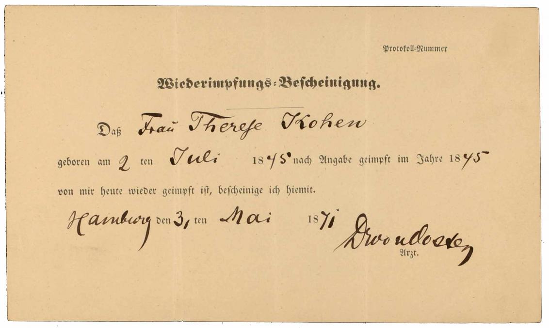 Impfbescheinigung für Therese Kohen: Vorderseite, handschriftlich ausgefüllt, Hamburg, 31.5.1871