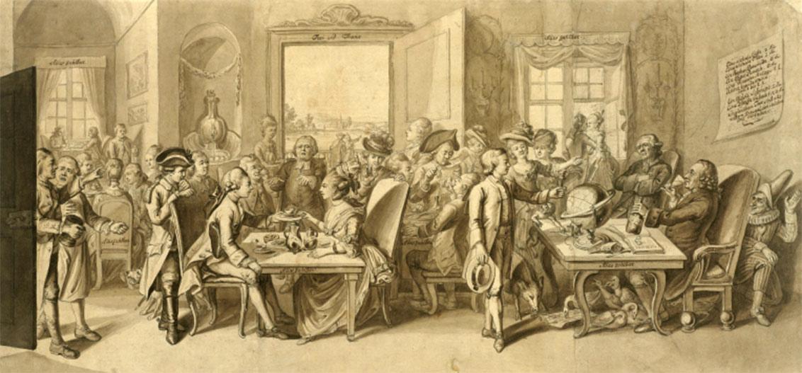Zeichnung eines voll besetzten Saals im Kaffeehaus, in dem angeregt diskutiert wird