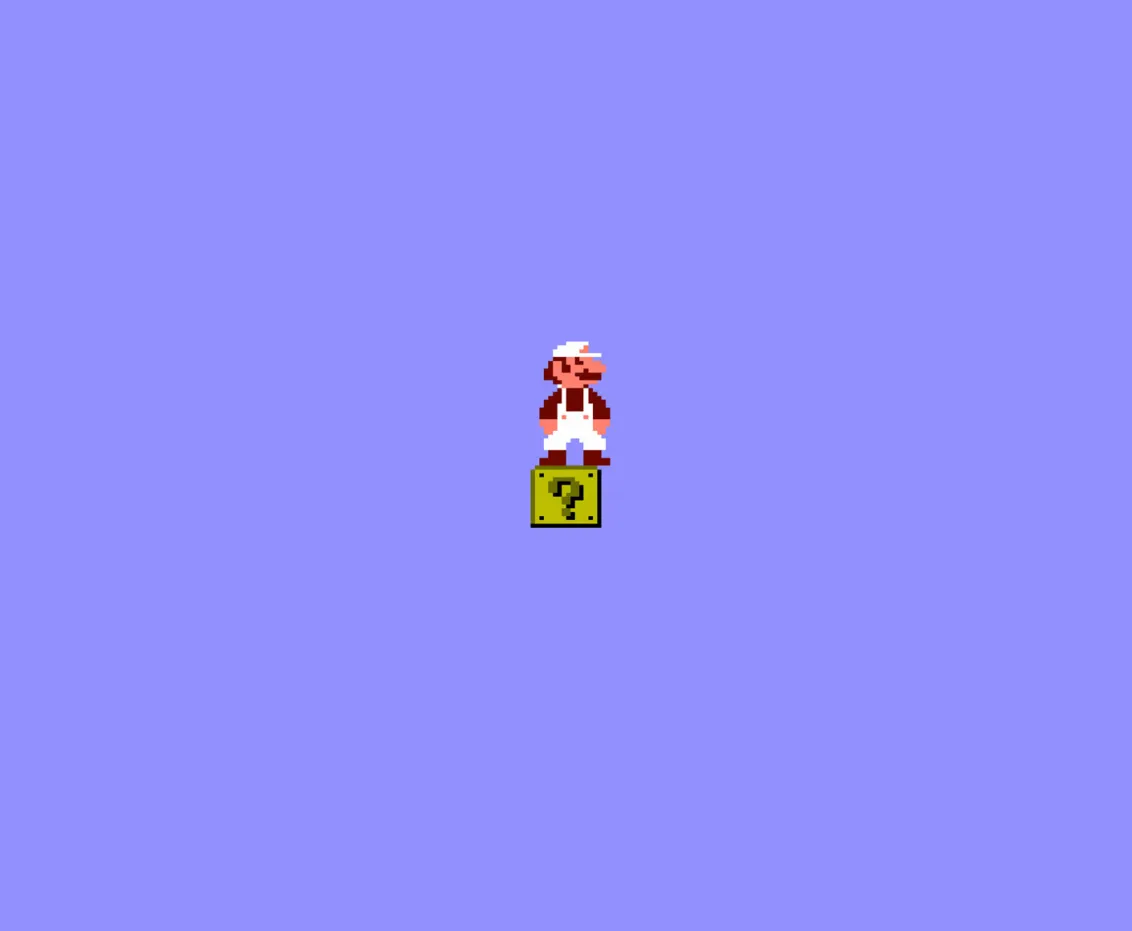 The video game character Mario on a square with a question mark on it against a blue background.