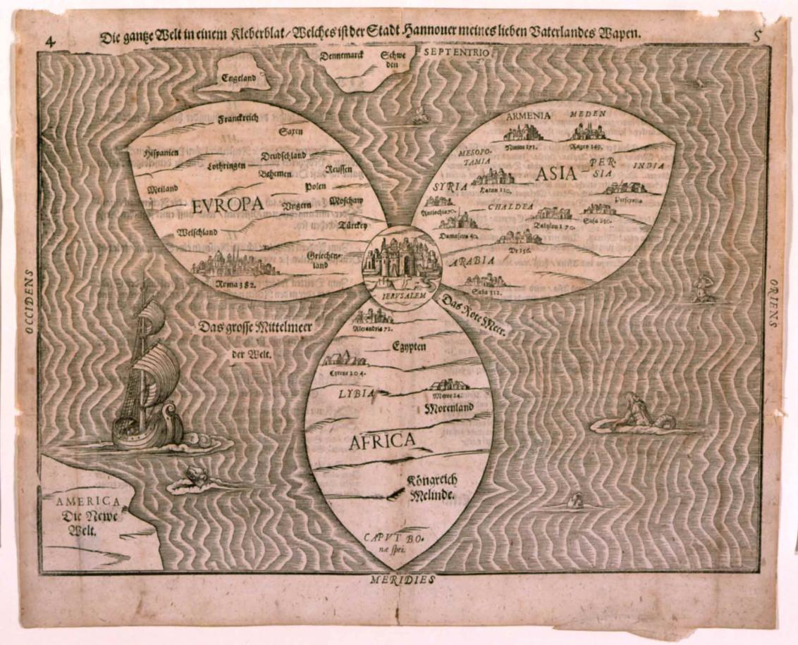 Europe, Asia and Africa are depicted as three leaves of a cloverleaf. To the left, a ship sails in the ocean, and below it, cut into the corner, another continent is visible, labeled “America The New World”.