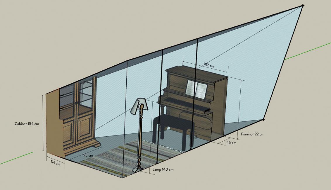 Grafik eines Klavierzimmers mit Schräge. Eine Stehlampe und das Klavier sind durch eine bodentiefe Glasfront wie durchgeschnitten.