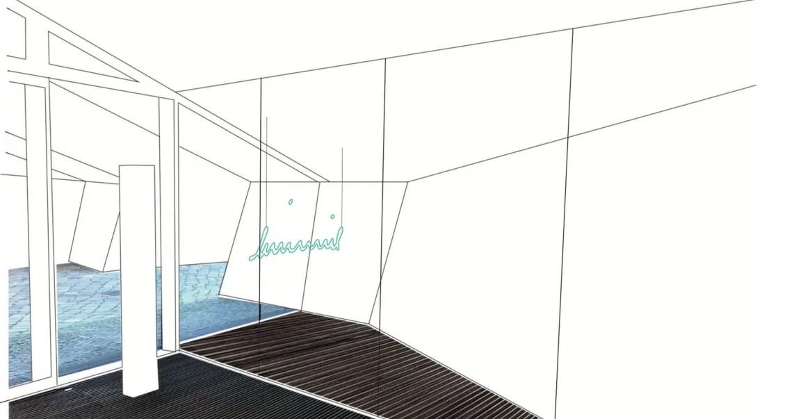 Graphic of a floor-to-ceiling display case containing a white poster with light blue lettering that appears to be half outside and half inside the case.