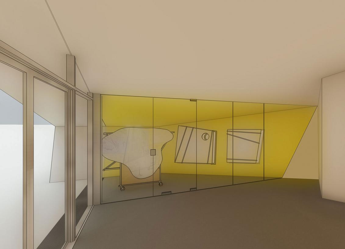 Graphic of a floor-to-ceiling showcase. Walls and ceiling are light yellow. On display are three white elements that look like oversized color palettes.