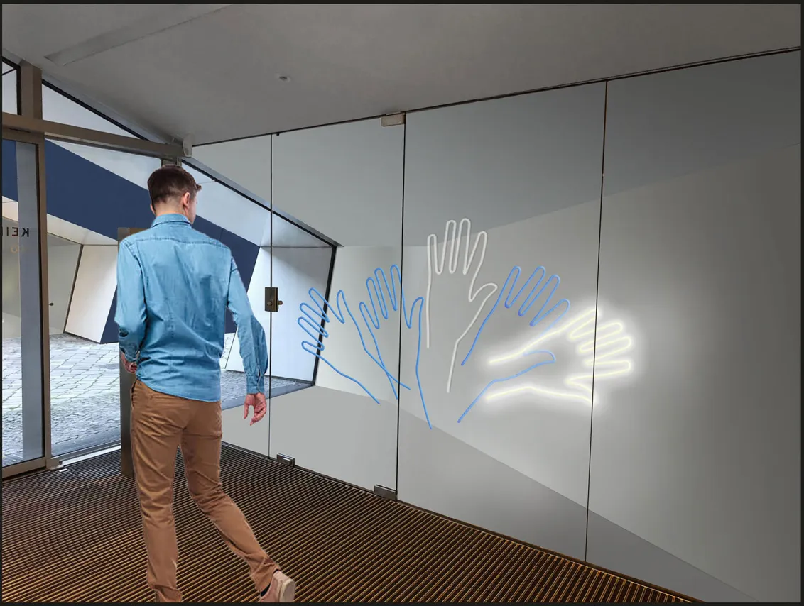 Floor-to-ceiling display case depicting five oversized hands in waving gesture. The outlines of the hands are made of blue and white fluorescent tubes.