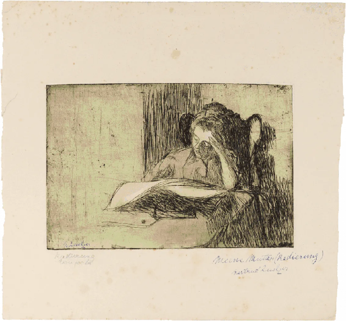 Black and white drawing of a woman reading.