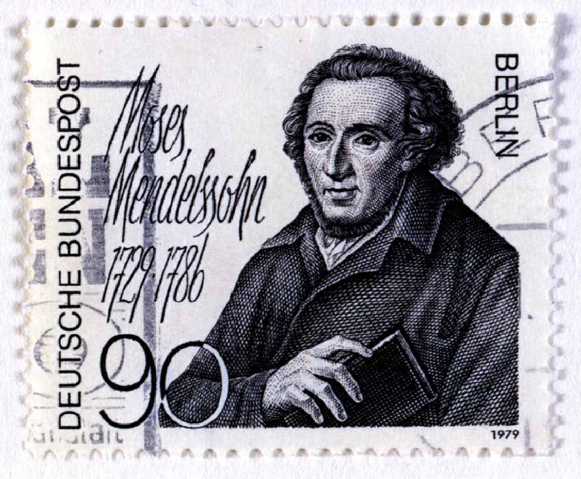 Black-and-white 90 pfennig postage stamp showing a portrait of Mendelssohn and his dates of birth and death, 1729–1786