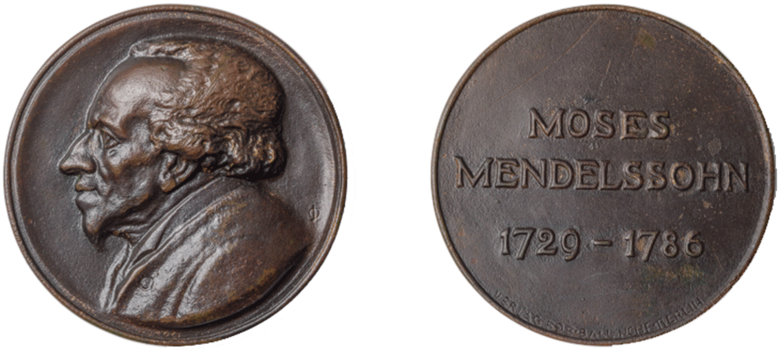 Bronzemedaille mit Moses Mendelssohn im Profil nach links, rechts daneben Künstlermonogramm