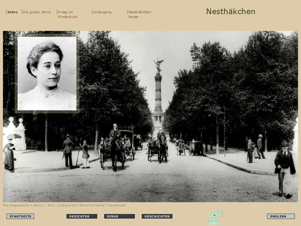 Screenshot from a multimedia, with an a black and white photograph of a portrait of a woman and the Berlin Victory Column