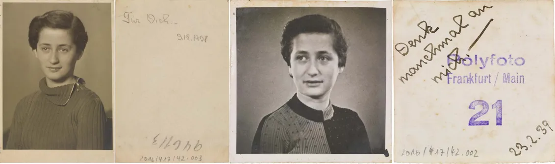 Two black-and-white portrait photographs of a young woman, with handwritten dedications beside