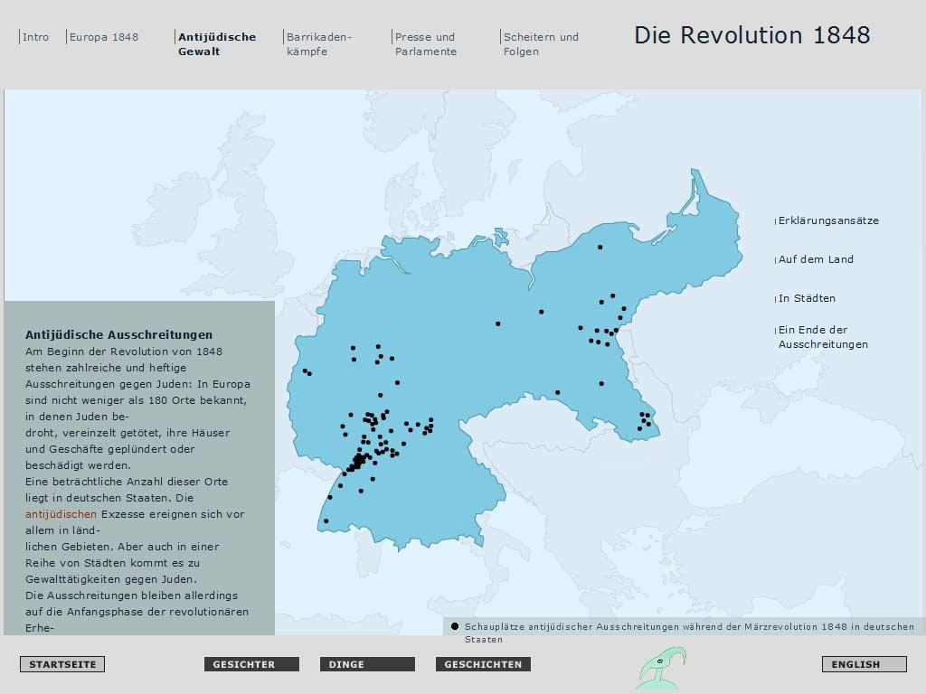 Screenshot aus einer Multimedia-Story mit dem Titel "Die Revolution", auf der eine Karte mit mehreren Punkten zu sehen ist.