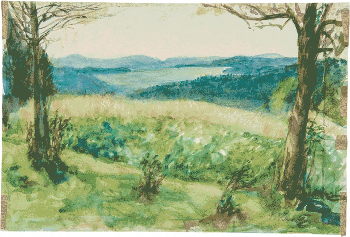 Colorful painting of a landscape.