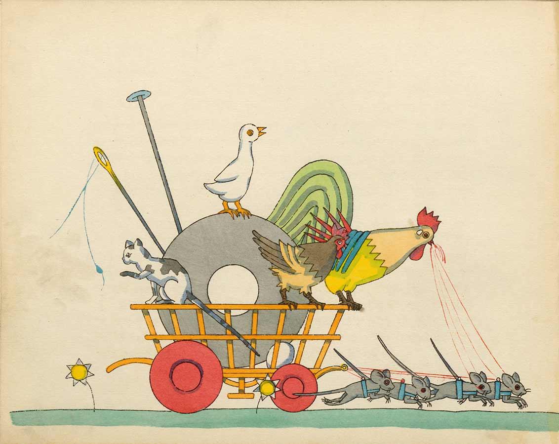 Drawing of four harnessed mice pulling a wagon that is transporting a cat, a chicken, a rooster and a duck, as well as a reel of cotton with needles stuck in it