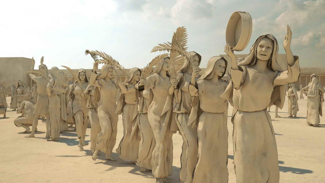 The whole scenery as well as the female figures modeled in 3D are monochrome in sandy beige. The women walk one after the other, forming a procession. Most of them hold a palm branch in their hands