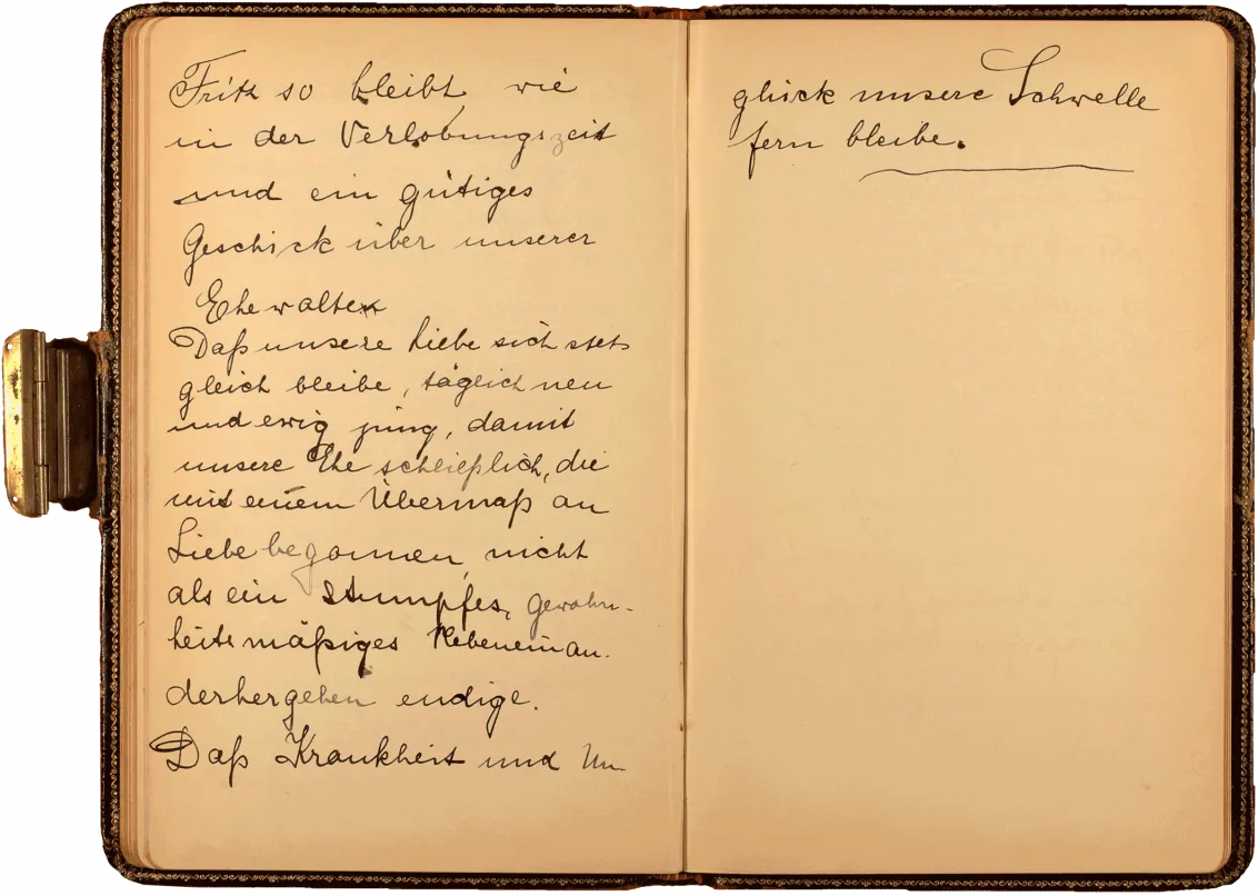 Aufgeklappte Tagebuchseite, die linke Seite und der obere Teil der rechten Seite sind bedeckt mit in schwarzer Tinte geschriebenem handschriftlichem Text.