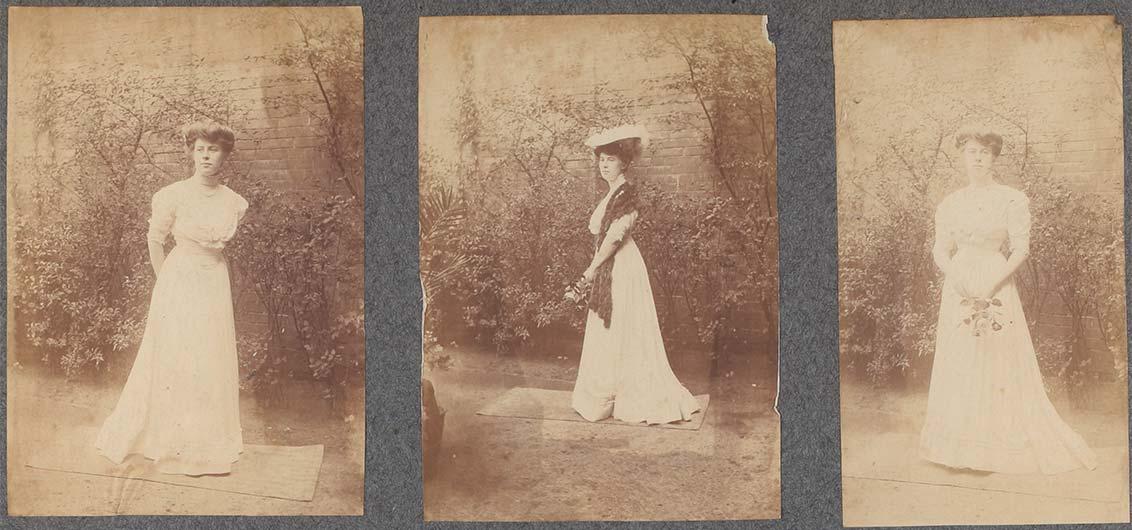 Photo album page (detail) with three black and white photographs of a standing young woman. Her poses vary slightly, as do her accessories (with and without flowers in her hand, with and without a stole).