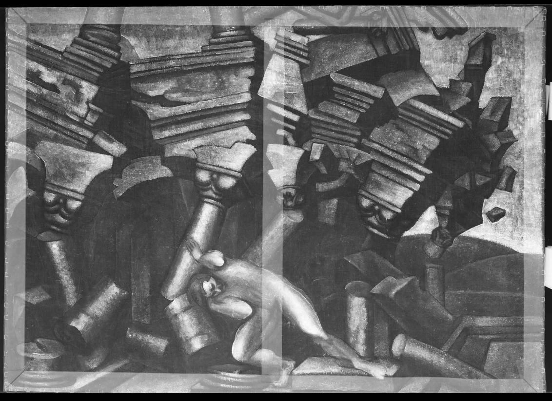 Gemälde Samson II in Grautönen, der Holzrahmen der Leinwand scheint durch