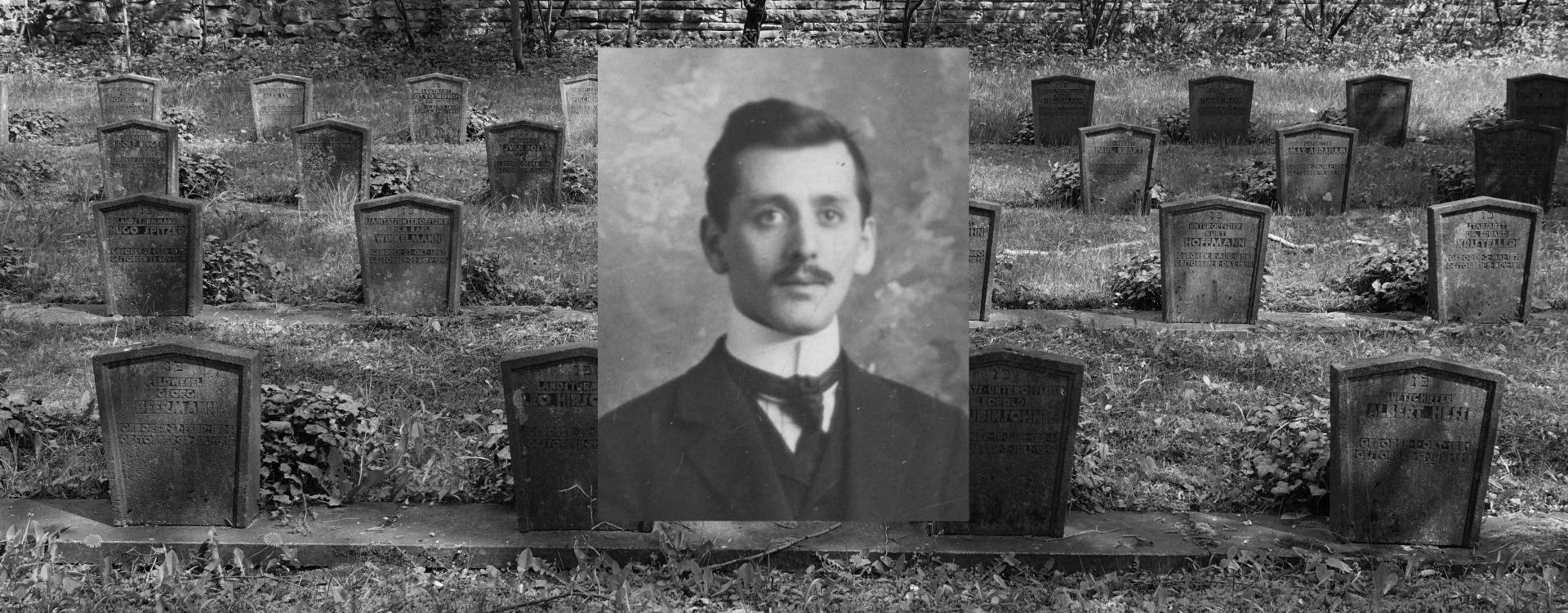 Grabsteine auf einem Friedhof, darüber das Porträt eines Mannes.